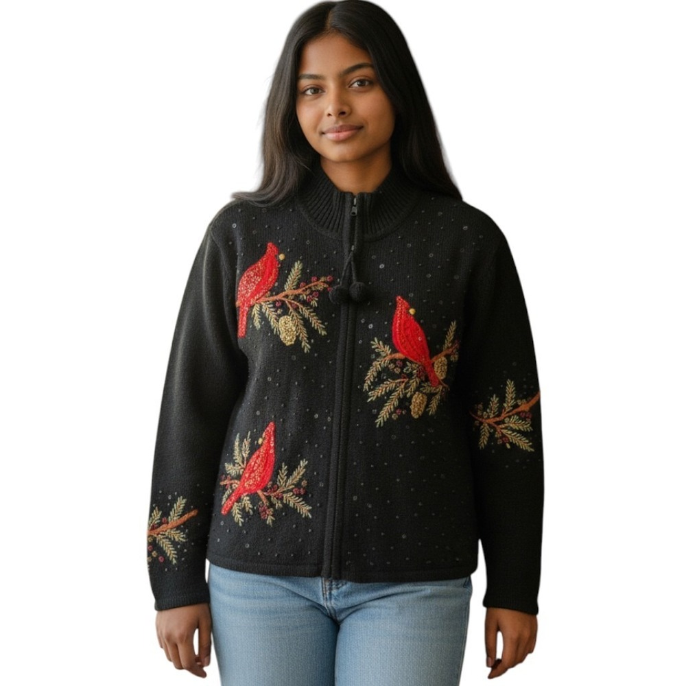 Heirloom Collectibles‎ Women 2004 Christmas Collection Sweater Full Zip Cardinal